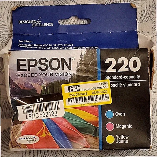 EPSON 220 COLOR CYAN MAGENTA YELLOW INK CARTRIDGE EXPIRES 04/2027
